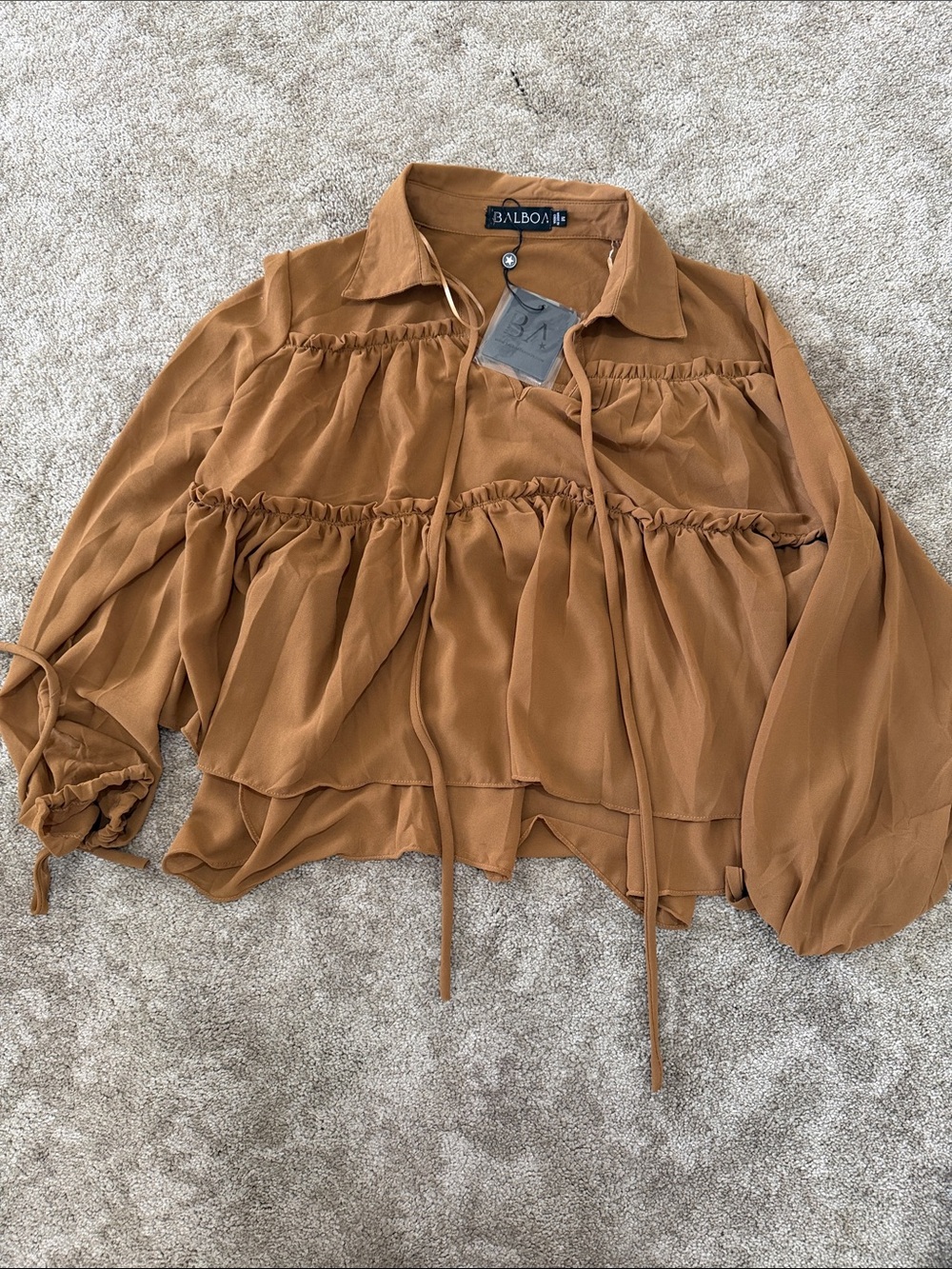 BALBOA Rust Brown Ruffle Tie-Front Blouse